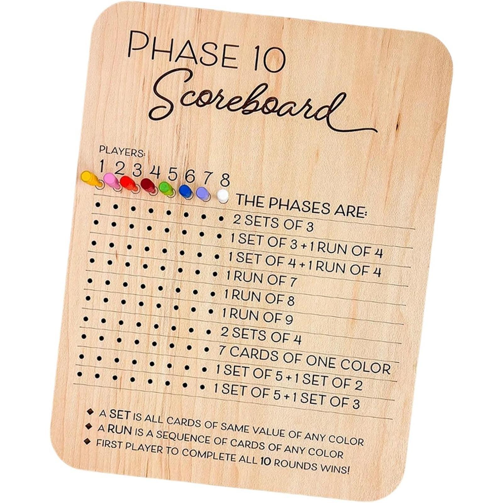 Board Game Template - 木製フェーズ10スコアボード（8色のペグ付き）、パーティー・ファミリーゲームナイトに最適な楽しいテーブルボードカードゲーム