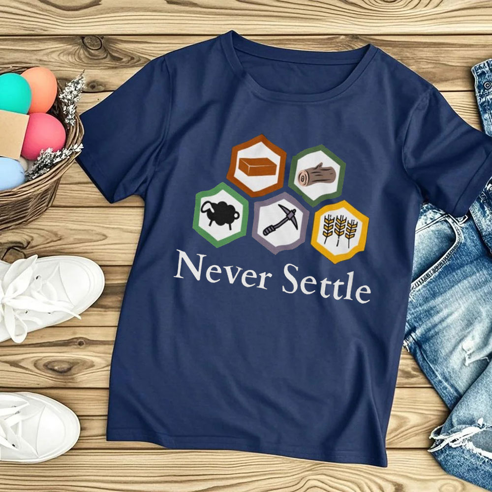 Never Settle Catan シャツ ヴィンテージ  - Board Game Catan のレビューと価格